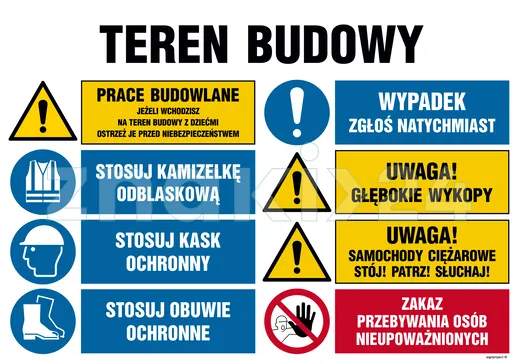 Teren budowy, Uwaga! Praca ciężkiego sprzętu - Tablica budowlana informacyjna - OI022