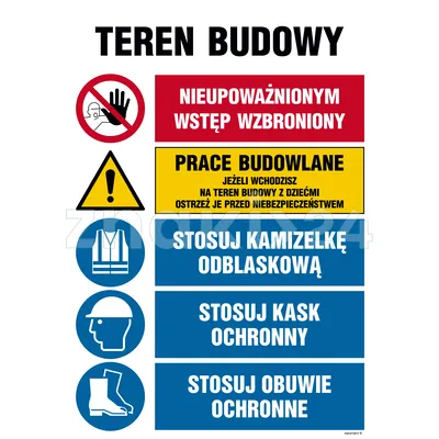 Teren budowy, Nieupoważnionym wstęp wzbroniony, Prace budowlane, Jeżeli wchodzisz na teren budowy z - Tablica budowlana informacyjna - OI008