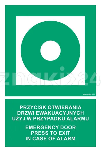 Przycisk otwierania drzwi ewakuacyjnych. Użyj w przypadku alarmu - Emergency door. Press to exit in case of alarm - Znak ewakuacyjny - AC083