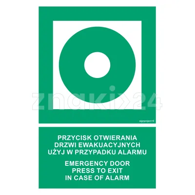 Przycisk otwierania drzwi ewakuacyjnych. Użyj w przypadku alarmu - Emergency door. Press to exit in case of alarm - Znak ewakuacyjny - AC083