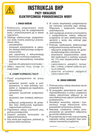 Instrukcja BHP przy obsłudze elektrycznego podgrzewacza wody - IAG39 - Instrukcja BHP do wydruku