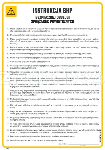 Instrukcja w sprawie bezpieczeństwa pracy przy sprężarkach powietrznych - IAF24 - Instrukcja BHP do wydruku