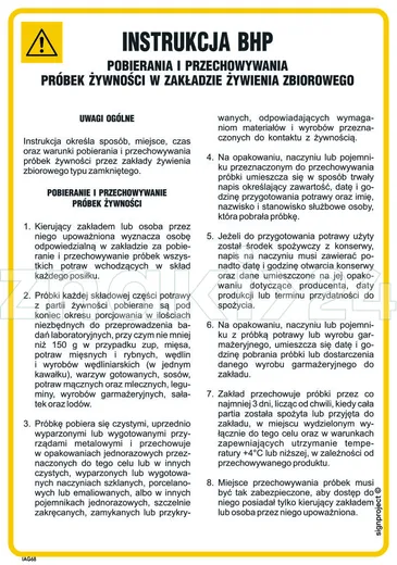 Instrukcja sanitarna pobierania i przechowywania próbek żywności w zakładzie żywienia zbiorowego - IAG68 - Instrukcja BHP do wydruku