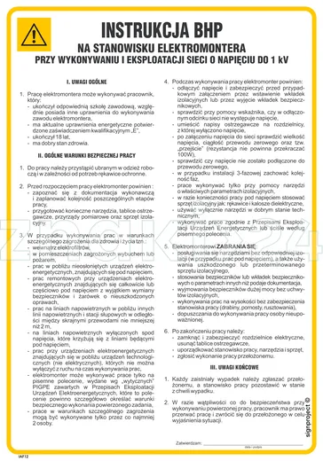 Instrukcja BHP na stanowisku elektromontera przy wykonywaniu i eksploatacji sieci o napięciu 1 kV - IAF12 - Instrukcja BHP do wydruku