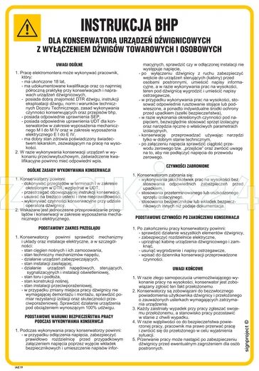 Instrukcja BHP Dla konserwatora urządzeń dźwignicowych z wyłączeniem dźwigów towarowych i osobowych - IAE19 - Instrukcja BHP do wydruku