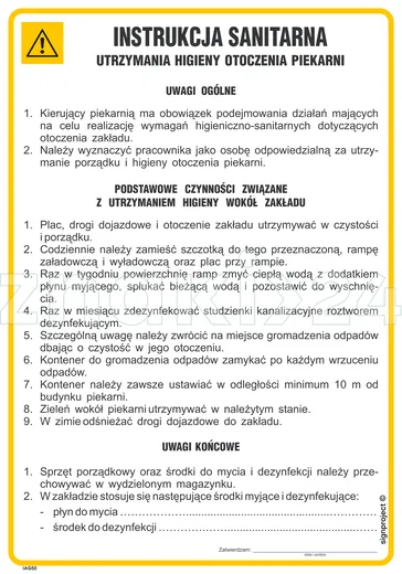 Instrukcja sanitarna utrzymania higieny otoczenia piekarni - IAG50 - Instrukcja BHP do wydruku