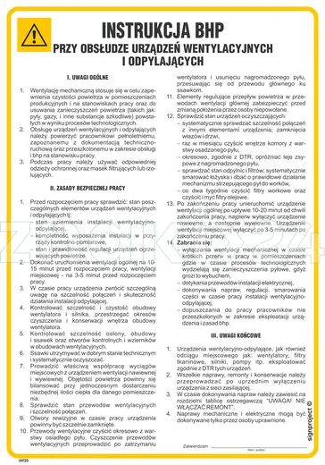 Instrukcja BHP przy obsłudze urządzeń wentylacyjnych i odpylających - IAF25 - Instrukcja BHP do wydruku
