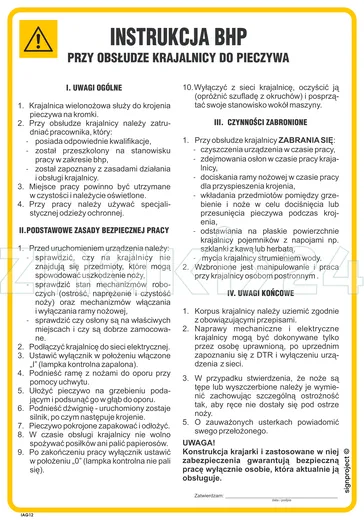 lnstrukcja BHP przy obsłudze krajalnicy do pieczywa - IAG12 - Instrukcja BHP do wydruku