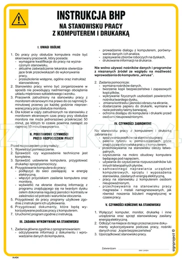 Instrukcja postępowania na stanowisku pracy z komputerem i drukarką - IAA05 - Instrukcja BHP do wydruku