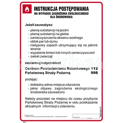 Instrukcja postępowania w razie zagrożeń ekologicznych - Instrukcja Przeciwpożarowa. Instrukcja Ppoż - DB019 - Instrukcja BHP do wydruku