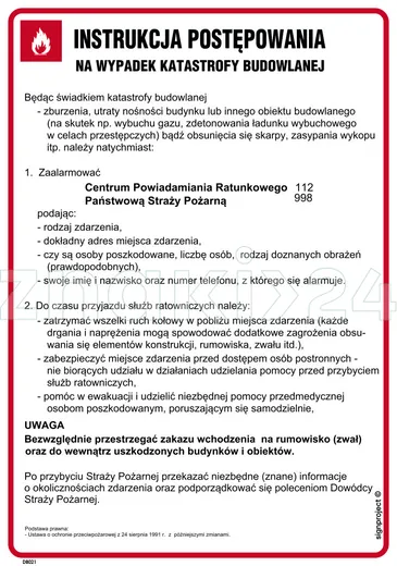 Instrukcja postępowania na wypadek katastrofy budowlanej - Instrukcja Przeciwpożarowa. Instrukcja Ppoż - DB021 - Instrukcja BHP do wydruku