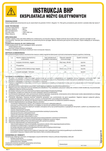 Instrukcja BHP eksploatacji nożyc gilotynowych - IAC11 - Instrukcja BHP do wydruku