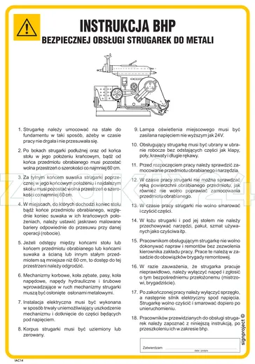 Instrukcja BHP bezpiecznej obsługi strugarek do metali - IAC14 - Instrukcja BHP do wydruku