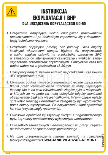 Instrukcja eksploatacji i BHP dla urządzenia odpylającego UO-50 - IAA23 - Instrukcja BHP do wydruku