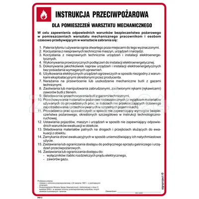 Instrukcja przeciwpożarowa dla pomieszczeń warsztatu mechanicznego - Instrukcja Przeciwpożarowa. Instrukcja Ppoż - DB012 - Instrukcja BHP do wydruku