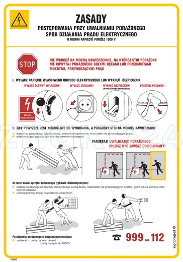 Zasady postępow.przy uwalnianiu porażonego spod działania prądu elektr. o niskim napięciu poniżej 10 - DD020 - Instrukcja BHP do wydruku