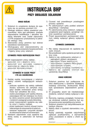 Instrukcja BHP przy obsłudze solarium - IAA36 - Instrukcja BHP do wydruku