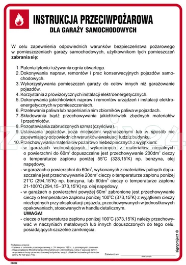 Instrukcja przeciwpożarowa dla garaży samochodowych - Instrukcja Przeciwpożarowa. Instrukcja Ppoż - DB022 - Instrukcja BHP do wydruku