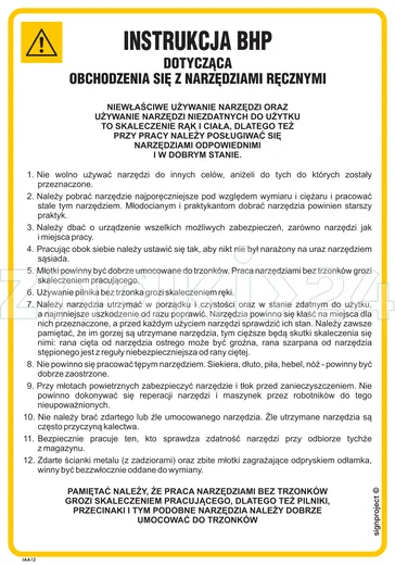 Instrukcja BHP dotycząca obchodzenia się z narzędziami ręcznymi - IAA12 - Instrukcja BHP do wydruku