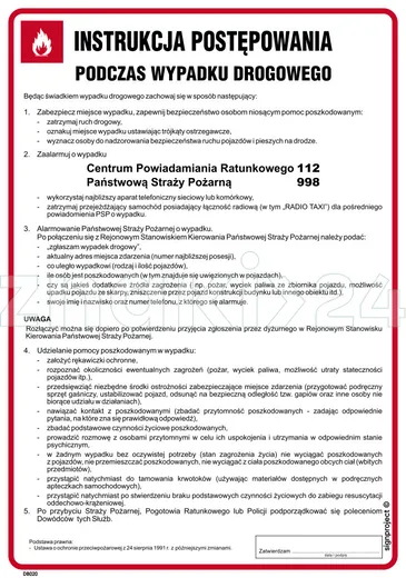 Instrukcja postępowania podczas wypadku drogowego - Instrukcja Przeciwpożarowa. Instrukcja Ppoż - DB020 - Instrukcja BHP do wydruku