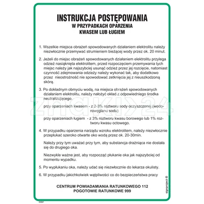 Instrukcja postępowania w przypadku oparzenia kwasem lub ługiem - DD007 - Instrukcja BHP do wydruku