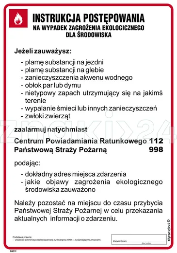 Instrukcja postępowania w razie zagrożeń ekologicznych - Instrukcja Przeciwpożarowa. Instrukcja Ppoż - DB019 - Instrukcja BHP do wydruku