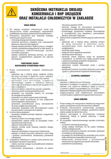 Skrócona instrukcja obsługi, konserwacji i BHP urządzeń oraz instalacji chłodniczych w zakładzie - IAA39 - Instrukcja BHP do wydruku