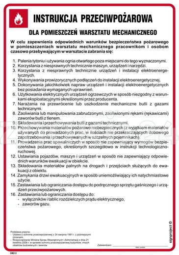 Instrukcja przeciwpożarowa dla pomieszczeń warsztatu mechanicznego - Instrukcja Przeciwpożarowa. Instrukcja Ppoż - DB012 - Instrukcja BHP do wydruku