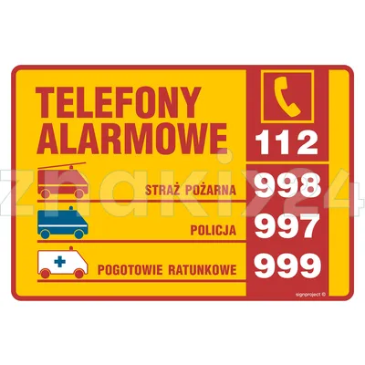 Tabliczka telefonów alarmowych - Znak informacyjny - DA003