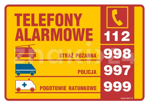 Tabliczka telefonów alarmowych - Znak informacyjny - DA003