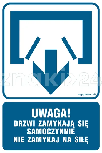 Uwaga! Drzwi zamykają się samoczynnie. Nie zamykaj na siłę (drzwi dwuskrzydłowe) - Znak informacyjny - RB011