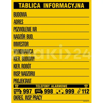 Budowlana tablica informacyjna (w jednym kolorze) - Tablica budowlana informacyjna - OA092