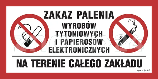 Zakaz palenia wyrobów tytoniowych i papierosów elektronicznych na terenie calego zakładu - Znak ostrzegawczy. Znak informacyjny - NC093