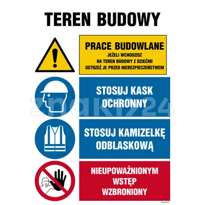 Teren budowy, Uwaga! teren niebezpieczny, Pojazdy nie mogą wyjeżdżać poza teren budowy bez zgody kie - Tablica budowlana informacyjna - OI015