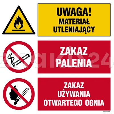 Uwaga! materiał utleniający, Zakaz palenia, Zakaz używania otwartego ognia - Tablica budowlana informacyjna - OI027