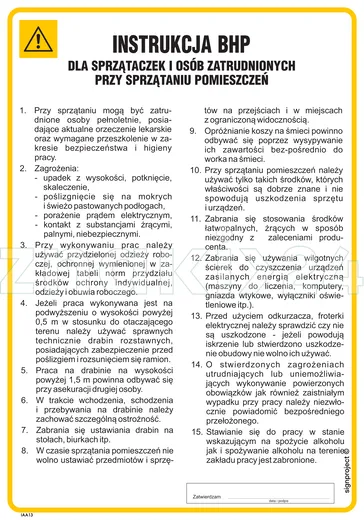 Instrukcja BHP dla sprzątaczek i osób zatrudnionych przy sprzątaniu - Instrukcja BHP - IAA13