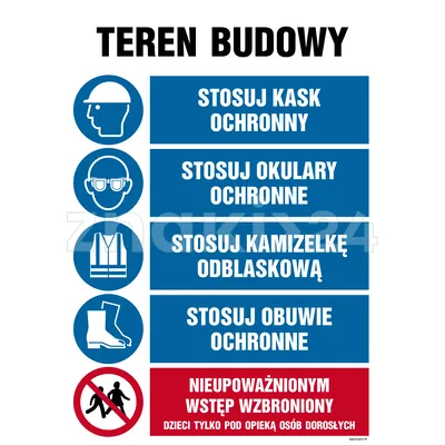 Teren budowy, Stosuj kask ochronny, Stosuj okulary ochronne, Srosuj kamizelkę odblaskową, Stosuj obu - Tablica budowlana informacyjna - OI001