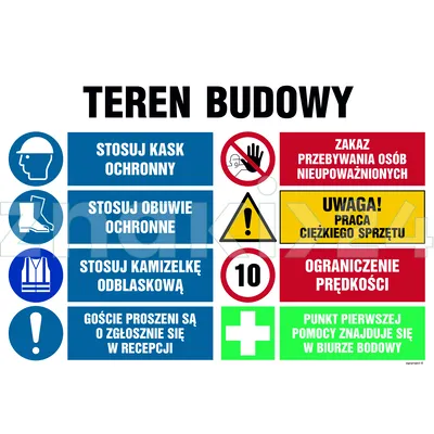 Teren budowy, Stosuj kask ochronny, Zakaz przebywania osób nieupoważnionych, Stosuj obuwie ochronne, - Tablica budowlana informacyjna - OI023