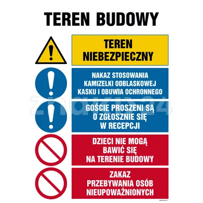 Teren niebezpieczny, Nakaz stosowania kamizelki odblaskowej, kasku i obuwia ochronnego, Goście prosz - Tablica budowlana informacyjna - OI005