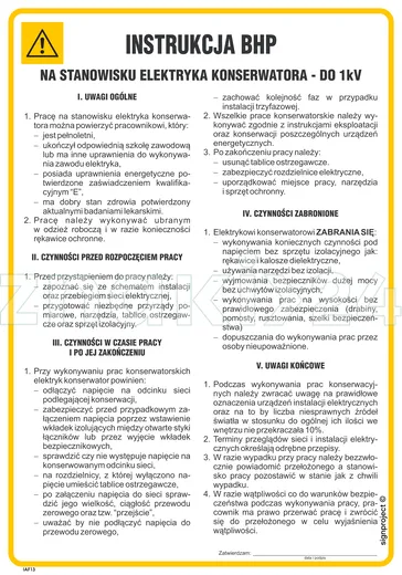 Instrukcja BHP na stanowisku elektryka konserwatora do 1kV - Instrukcja BHP - IAF13