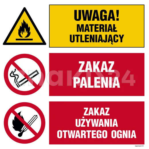 Uwaga! materiał utleniający, Zakaz palenia, Zakaz używania otwartego ognia - Tablica budowlana informacyjna - OI027