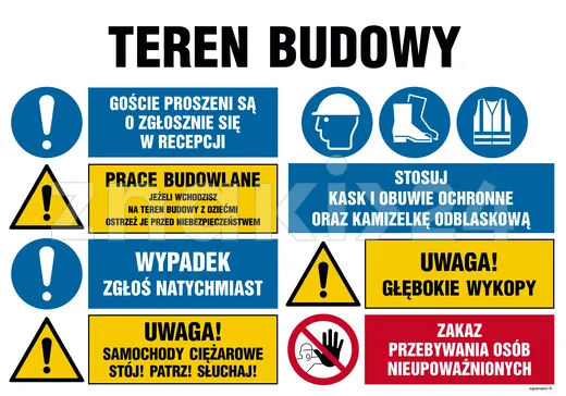 Teren budowy, Goście proszeni są o zgłoszenie się w reccepcji, Prace budowlane, jeżeli wchodzisz na - Tablica budowlana informacyjna - OI024