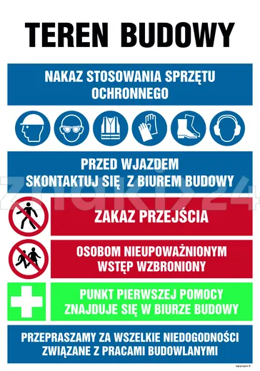 Teren budowy, Nakaz stosowania sprzętu ochronnego, przed wjazdem skonsultuj się z biurem budowy, Zak - Tablica budowlana informacyjna - OI004