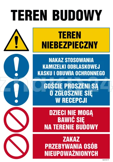 Teren niebezpieczny, Nakaz stosowania kamizelki odblaskowej, kasku i obuwia ochronnego, Goście prosz - Tablica budowlana informacyjna - OI005