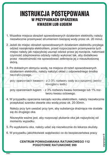 Instrukcja postępowania w przypadku oparzenia kwasem lub ługiem - Instrukcja BHP - DD007