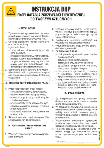 Instrukcja eksploatacji zgrzewarki elektrycznej do tworzyw sztucznych - Instrukcja BHP - IAD05