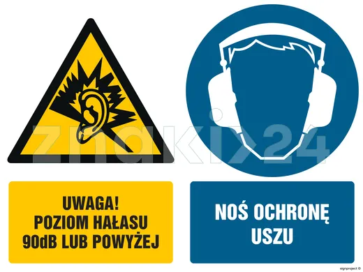 Uwaga poziom hałasu 90 dB lub powyżej Ochrona uszu obowiązkowa - Znak BHP - GM025