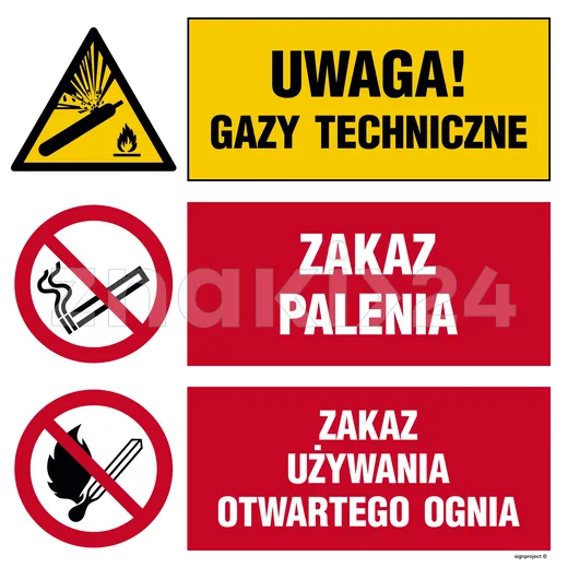 Uwaga! gazy techniczne, Zakaz palenia, Zakaz używania otwartego ognia - Tablica budowlana informacyjna - OI028