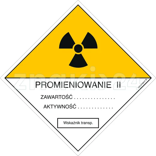 Znak ostrzegawczy do oznakowania przesyłek transportowych kategorii II - Promieniowanie - KA004