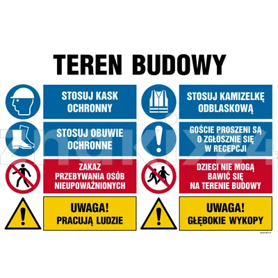 Teren budowy, Uwaga! Praca ciężonny, Stosuj kamizelkę odblaskową, Stosuj obuwie ochronne, Goście pro - Tablica budowlana informacyjna - OI020